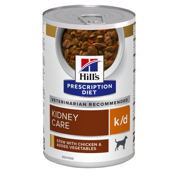 Hill's PRESCRIPTION DIET k/d Kidney Care Stew- лечебна мокра храна за кучета с бъбречна недостатъчност, консерва задушено пилешко със зеленчуци