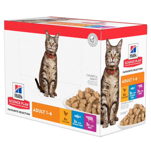 Hill’s Science Plan Feline Adult FAVOURITE SELECTION – Колекция от паучове – малки късчета в сос Грейви за котки 1-6 години. /6 x с телешко, 3 x с пилешко, 3 x с океанска риба/