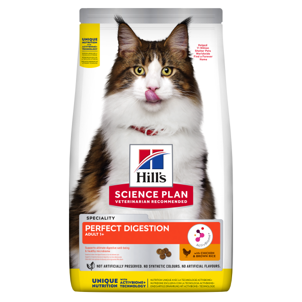 Hill's Science Plan Feline Adult Perfect Digestion – Пълноценна суха храна за отлично храносмилане за котки над  1 година , с пилешко и кафяв ориз