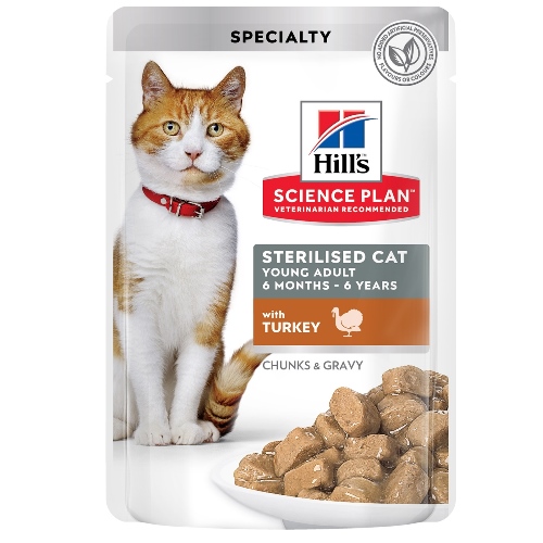 Hill’s Science Plan Feline Young Adult Sterilised Turkey - пауч с пуешко - малки късчета в сос Грейви за млади кастрирани котки от 6 месeца  до 6 години