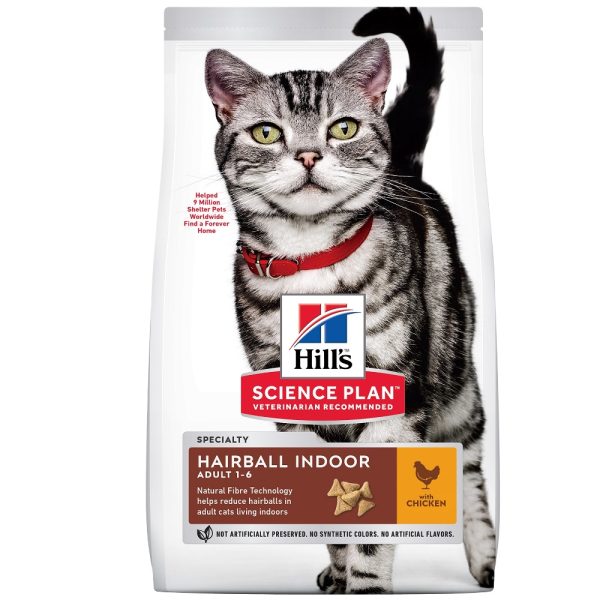 Hill's Science Plan Feline Adult Hairball &Indoor Chicken - пълноценна суха храна за котки от 1 до 6 години, живеещи на закрито, за намаляване на космените топки, с пилешко