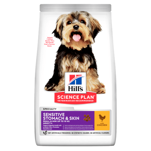 Hill's Science Plan Small&Mini Sensitive Stomach&Skin Adult с пилешко - Пълноценна суха храна за дребни и миниатюрни породи кучета в зряла възраст над 1 година с чувствителен стомах и кожа