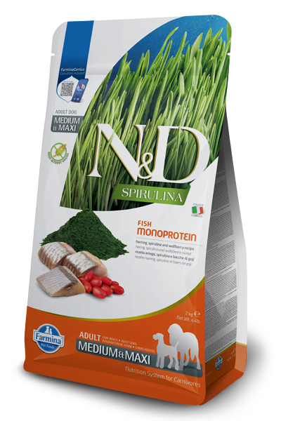 N&D Spirulina Herring & Wolfberry Adult Medium & Maxi dog – суха храна без зърнени култури за кучета от средни и едри породи над 1 година, с херинга, спирулина и годжи бери