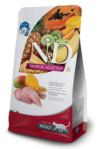 N&D Tropical Selection Cat Adult Chicken and Tropical fruits – суха храна за котки над 1 година с пилешко, спелта, овес и тропически плодове