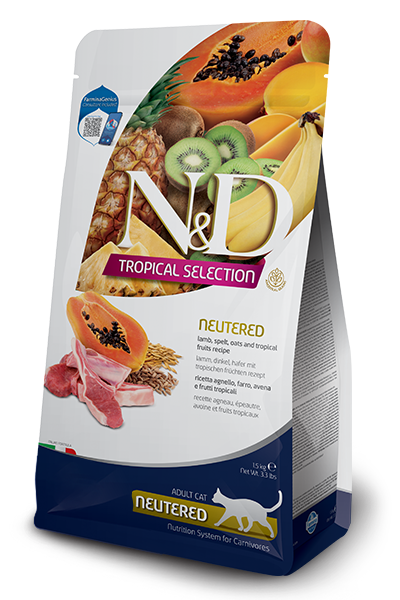 N&D Tropical Selection Neutered Adult Cat Lamb and Tropical fruits – суха храна за кастрирани котки над 1 година с агнешко, спелта, овес и тропически плодове