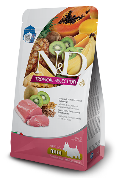 N&D Tropical Selection Dog Adult MINI Pork and Tropical fruits – суха храна за кучета над 1 година от дребни породи, със свинско, спелта, овес и тропически плодове