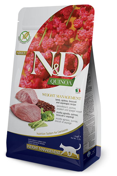 N&D Quinoa Weight Management with Lamb, Cat Adult – суха храна за поддържане на идеално телесно тегло, без зърнени култури за котки над 1 година, с агнешко, киноа, броколи и аспержи