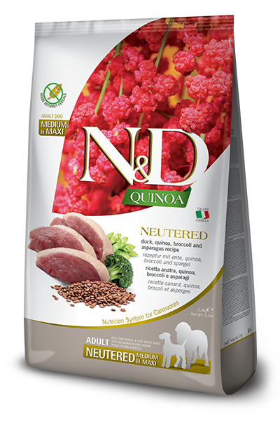 N&D Quinoa NEUTERD Dog Adult Medium & Maxi with Duck, Broccoli & Aspragus – суха храна без зърнени култури за кастрирани кучета от средни и едри породи над 1 година, с патешко, броколи и аспержи