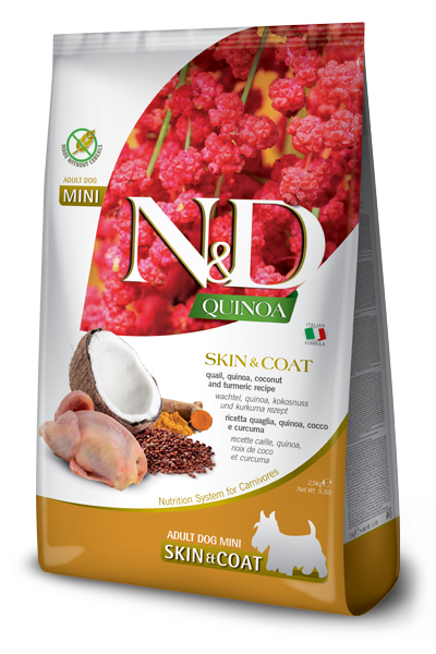N&D Quinoa Skin & Coat with Quail for adult MINI dog – суха храна без зърнени култури за здрава кожа и козина, за кучета над 1 година от дребни породи, с пъдпъдък, киноа, кокос, и куркума
