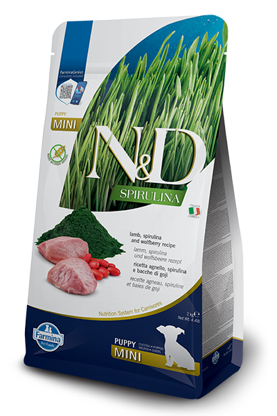 N&D Spirulina Lamb & Wolfberry Puppy MINI – суха храна без зърнени култури за подрастващи кученца от мини породи с агнешко, спирулина и годжи бери