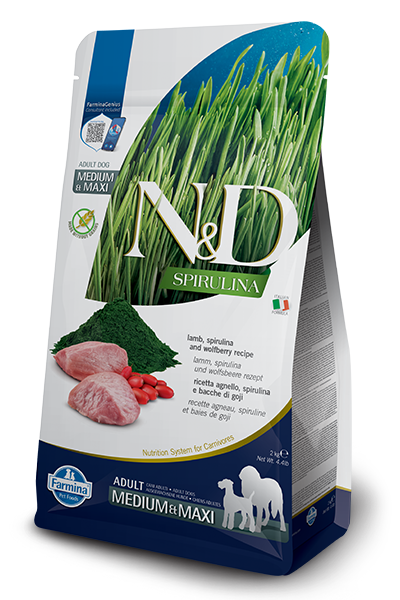 N&D Spirulina Lamb & Wolfberry Adult Medium & Maxi dog – суха храна без зърнени култури за кучета от средни и едри породи над 1 година, с агнешко, спирулина и годжи бери