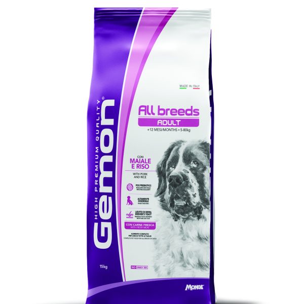 GEMON ALL BREEDS ADULT DOG WITH PORK AND RICE - Пълноценна суха храна за кучета в зряла възраст от всички породи със свинско и ориз.