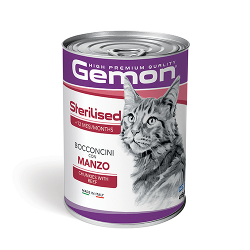 GEMON Sterilised Cat Chunks with Beef - Пълноценна храна за кастрирани котки, консерва хапки с телешко