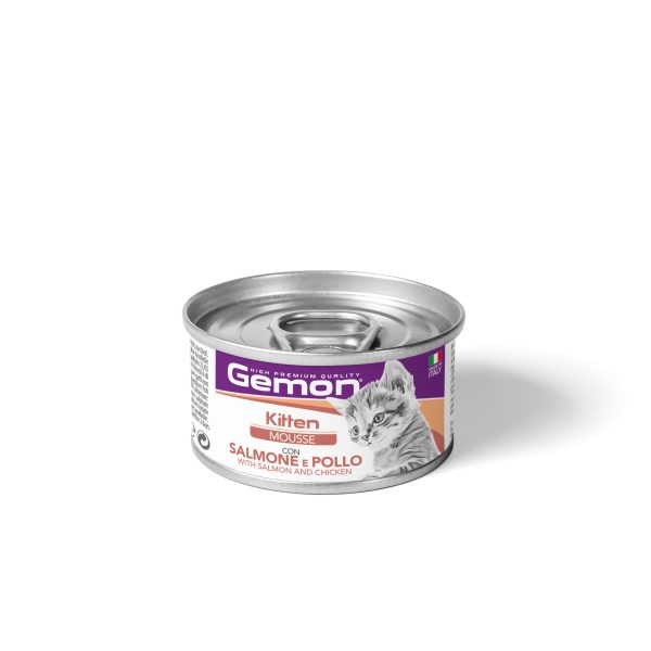 GEMON Kitten Mousse with Salmon & Chicken - Пълноценна храна за подрастващи котенца, мус със сьомга и пиле, консерва
