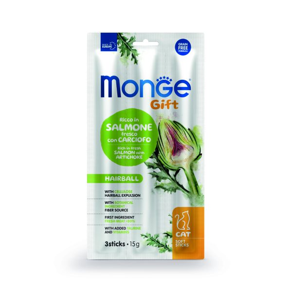 Monge Gift Cat Soft Sticks Hairball – лакомство за котки против космени топки, стикчета със сьомга и артишок, без зърнени култури