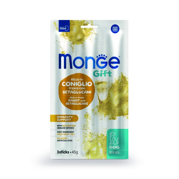 Monge Gift Immunity Support – лакомство за кучета – стикове със заешко и бетаглюкани за силен имунитет, без зърнени култури
