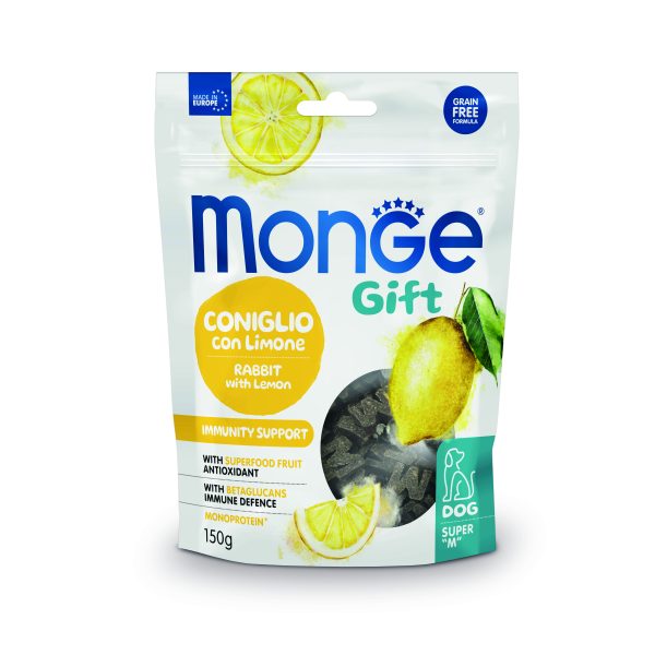 Monge Gift Super M Immunity Support – лакомство за кучета – меки хапки със заешко и лимон за подсилване на имунитета, без зърнени култури