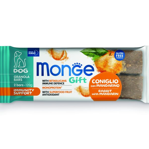 Monge Gift Granola Bars Immunity Support – лакомство за кучета – монопротеинови барчета със заешко и мандарини за подсилване на имунитета, безглутенови