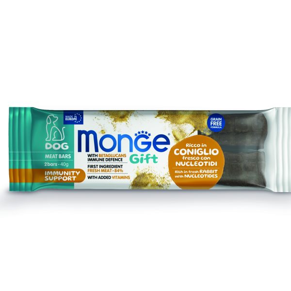 Monge Gift Meat Bars Immunity Support – лакомства за кучета - барчета със заешко, нуклеотиди и бетаглюкани за подсилване на имунитета.