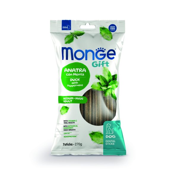 Monge Gift Dog Dental Sticks Medium-Maxi Adult - екструдирани дентални стикове за кучета от средни и едри породи с патешко и мента, монопротеинови.