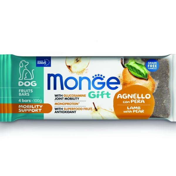 Monge Gift Fruit Bars Mobility Support – лакомство за куче - моно протеинови барчета с агнешко и круша за грижа за ставите, без зърнени култури