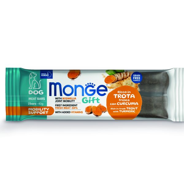 Monge Gift Meat Bars Mobility Support – лакомство за кучета – барчета с пъстърва, босвелия и куркума за грижа за ставите, без зърнени култури