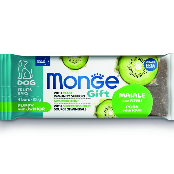 Monge Gift Fruit Bars Puppy & Junior – лакомства за подрастващи кученца - монопротеинови барчета със свинско и киви, без зърнени култури