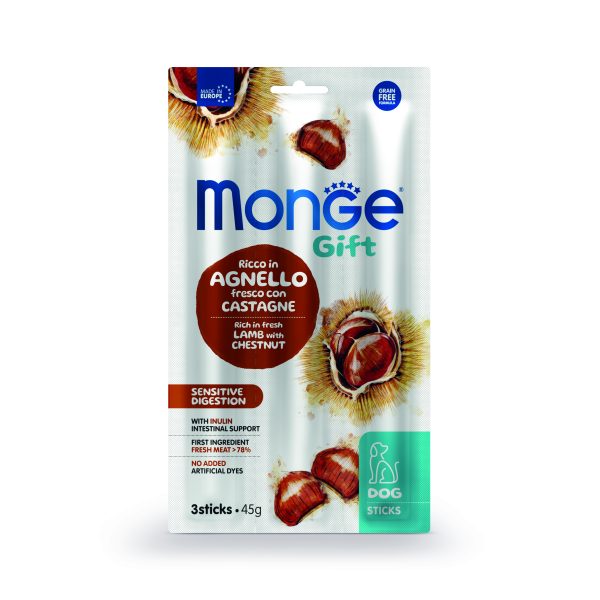 Monge Gift Sensitive Digestion - лакомство за кучета с чувствителна храносмилателна система – стикове с агнешко, кестени и инулин, без зърнени култури