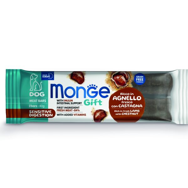 Monge Gift Meat Bars Sensitive Digestion – лакомства за кучета с чувствителна храносмилателна система – барчета с агнешко, кестени и инулин, без зърнени култури