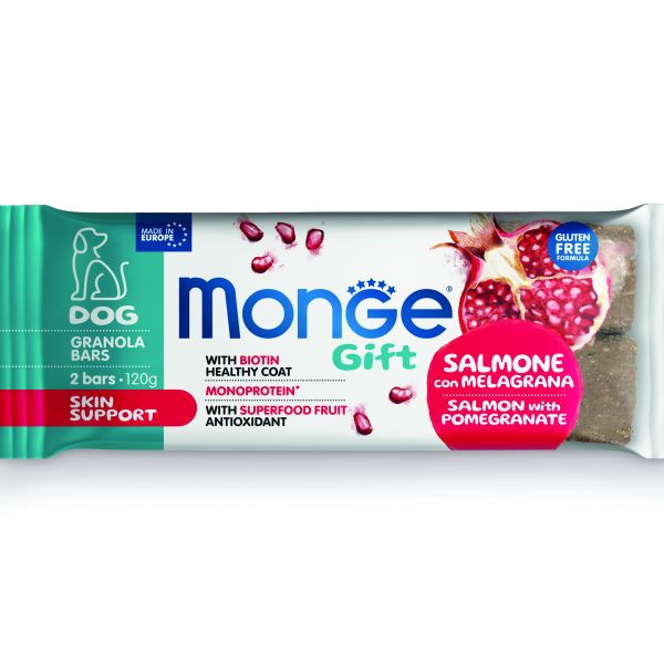 Monge Gift Granola Bars Skin Support – лакомства за кучета - монопротеинови барчета със сьомга и нар за здрави кожа и козина, безглутенови.