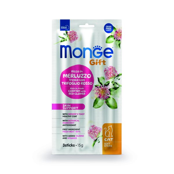 Monge Gift Cat Soft Sticks Skin Support - лакомство за котки за кожа и козина, с риба треска и детелина, без зърнени култури