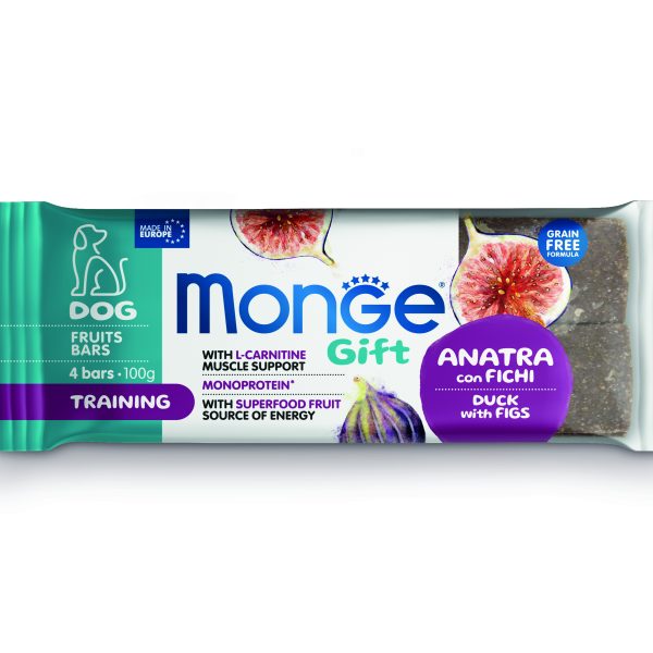 Monge Gift Fruit Bars Training – лакомства за кучета – моно протеинови барчета с патешко и смокини за тренировки, без зърнени култури