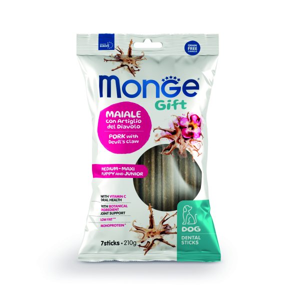 Monge Gift Dog Dental Sticks Puppy&Junior Medium-Maxi - екструдирани дентални стикове за подрастващи кученца от средните и едри породи със свинско и дяволски нокът, монопротеинови.