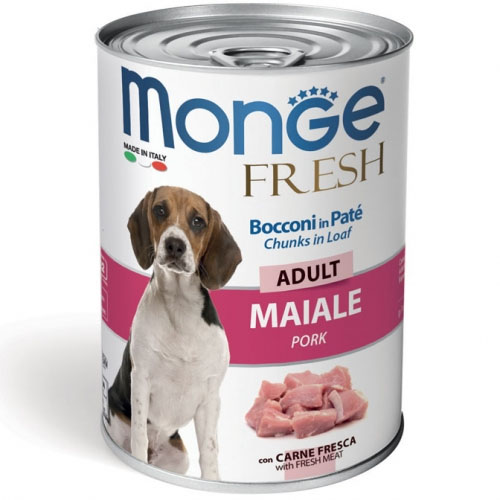 Monge Fresh Dog Adult Chunks in Loaf with Pork – консерва със свинско – хапки в пастет за кучета в зряла възраст.