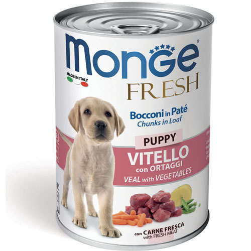 Monge Fresh Dog Puppy Chunks in Loaf with Veal and Vegetables – консерва с телешко и зеленчуци – хапки в пастет за подрастващи кученца