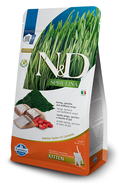 N&D Spirulina Herring & Wolfberry Kitten – суха храна без зърнени култури за подрастващи котенца до 1 година, с херинга, спирулина и годжи бери