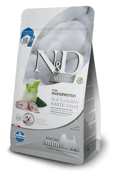 N&D White Dog Sea Bass, Spirulina & Fennel Adult MINI – монопротеинова суха храна без зърнени култури за кучета с бяла козина от мини породи над 1 година, с лаврак, спирулина и фенел
