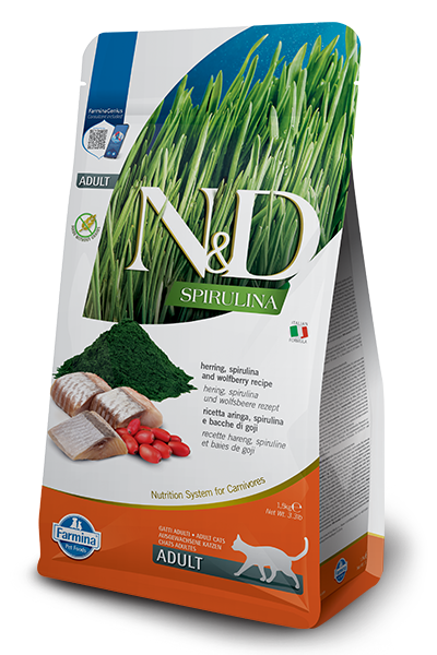 N&D Spirulina Herring & Wolfberry Adult Cat – суха храна без зърнени култури за котки над 1 година, с херинга, спирулина и годжи бери