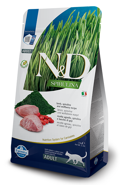 N&D Spirulina Lamb & Wolfberry Adult Cat – суха храна без зърнени култури за котки над 1 година, с агнешко, спирулина и годжи бери