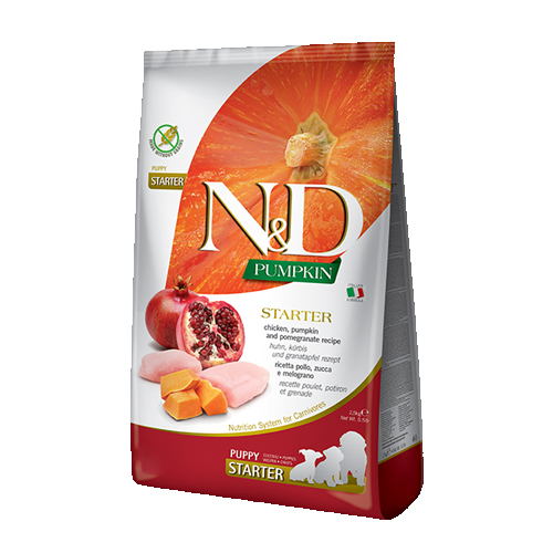 N&D Pumpkin Dog Chicken & Pomegranate Starter Puppy – суха храна за подрастващи кученца от всички породи с пилешко, тиква и нар