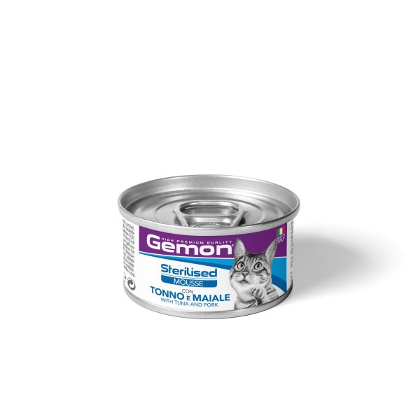 GEMON Sterilised Cat Mousse with Tuna & Pork – Пълноценна храна за кастрирани котки, мус с риба тон и свинско, консерва