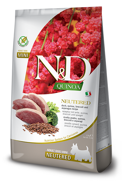 N&D Quinoa NEUTERD Dog Adult MINI with Duck, Broccoli & Aspragus – суха храна без зърнени култури за кастрирани кучета от мини породи над 1 година, с патешко, броколи и аспержи