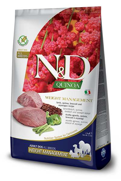 N&D Quinoa Weight Management with Lamb for adult dog – суха храна за поддържане на идеално телесно тегло, без зърнени култури за кучета над 1 година, с агнешко, киноа, броколи и аспержи